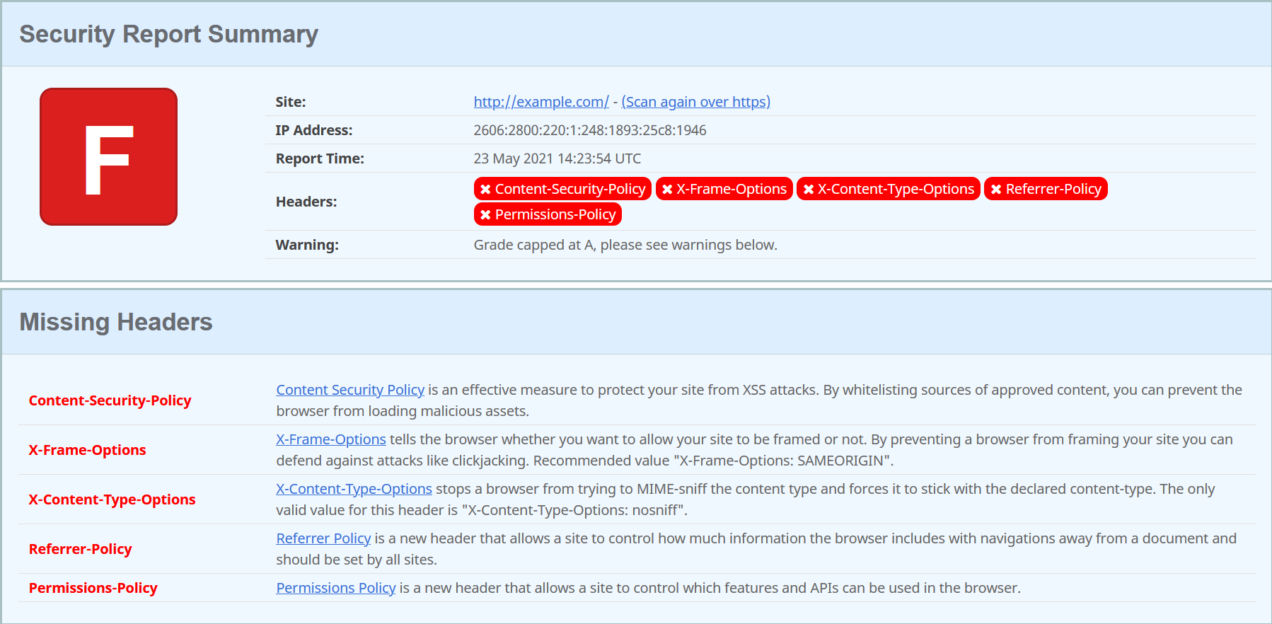 Screenshot of use of securityheaders.com